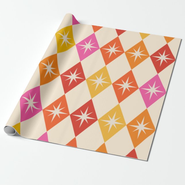 Papier Cadeau Mid-Century Moderne Starbursauts sur Diamants Rétr (Déroulé)
