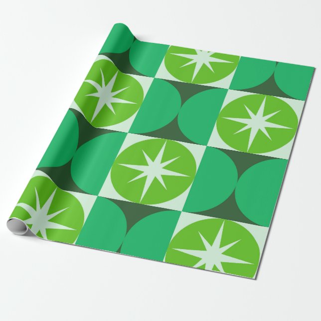 Papier Cadeau Mid Century Starbursts on Lime Mint Green circles  (Déroulé)
