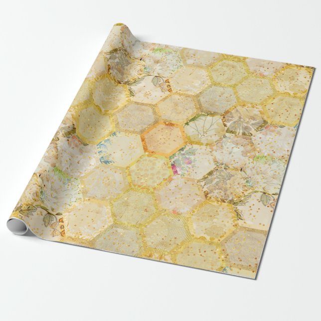 Papier Cadeau Miel Floral Honeycomb Parties scintillant d'or (Déroulé)