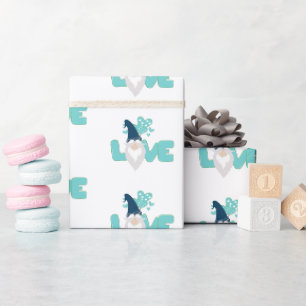 Papier Cadeau Mignon amour Valentines Jour Gnome Turquoise Bleu 