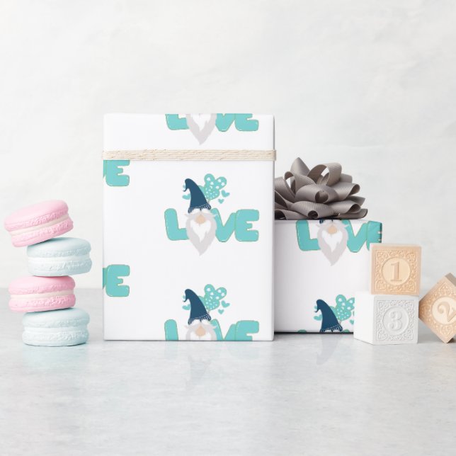 Papier Cadeau Mignon amour Valentines Jour Gnome Turquoise Bleu  (Baby Shower)