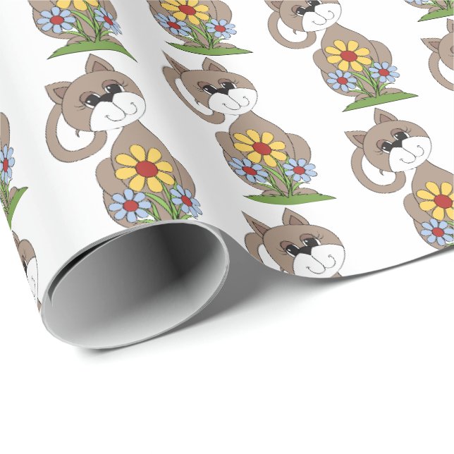 Papier Cadeau mignon chaton avec fleurs (Coin rond)