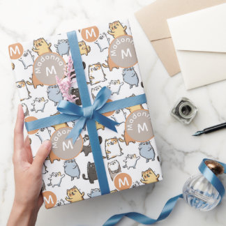 Papier Cadeau Mignon Kawaii Gros Chat de Dessin Animé Motif Sans