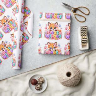 Papier Cadeau Mignon Kawaii Meilleurs Vœux Renard Nom Pastel Ros