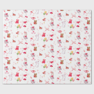 Papier Cadeau Mignon Kawaii Ours en Peluche & Cœurs Saint-Valent