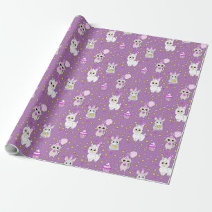 Papier Cadeau Mignon Lama, Chat et Souris Cupcake Violet Fille