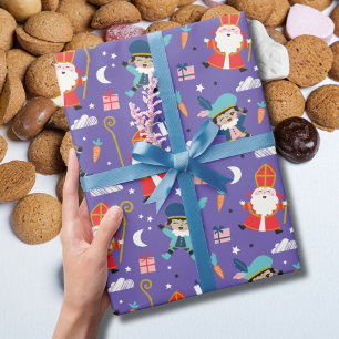 Papier Cadeau Mignon motif de Sinterklaas et Piet sur fond viole