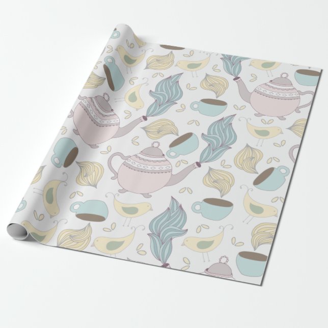 Papier Cadeau mignon motif de thé et de théière (Déroulé)