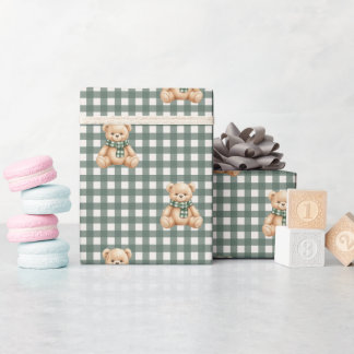 Papier Cadeau Mignon ours en peluche plaid vert rustique