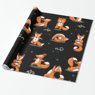 Papier Cadeau mignon renards de yoga drôle noir