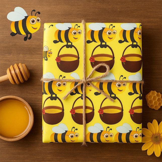 Papier Cadeau Mignonne Bee transportant un pot de miel avec fleu (Créateur téléchargé)