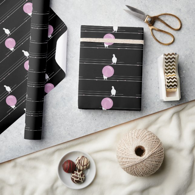 Papier Cadeau Mignonne Bubblegum Birds sur un Motif de fil Noir (Artisanat)