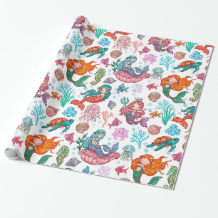 Papier Cadeau Mignonne caricature sirènes sur arrière - plan bla