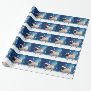 Papier Cadeau Mignonne chien Carlin Noël Père Noël Chapeau Neige
