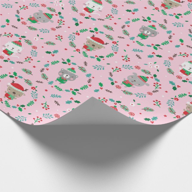 Papier Cadeau Mignonne couronne d'animaux de Noël rose (Coin)