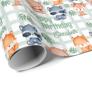 Papier Cadeau Mignonne d'animal de forêt À damiers Anniversaire 