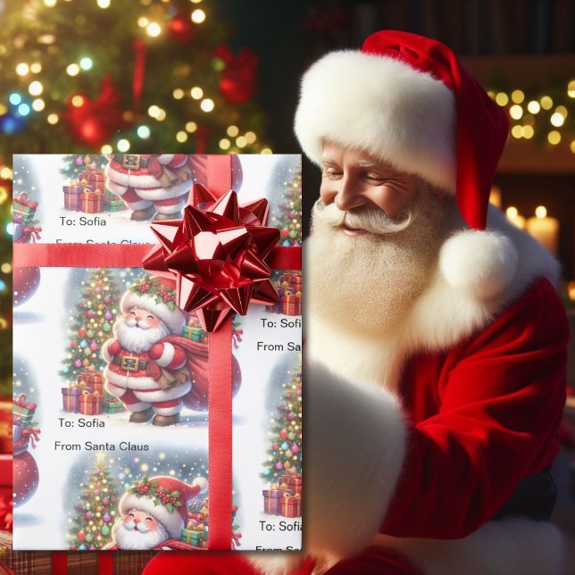 Papier Cadeau Mignonne de Père Noël Ajouter Nom de l'enfant Roul (Créateur téléchargé)