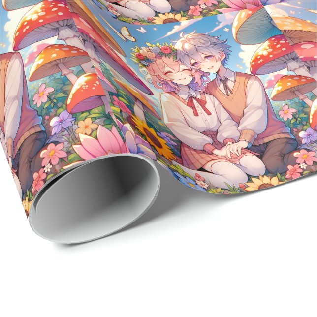 Papier Cadeau Mignonne mignon Anime Couple Whimsical Romantic (Coin rond)