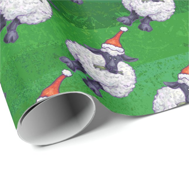Papier Cadeau Mignonne mouton à Santa Chapeau sur vert (Coin rond)
