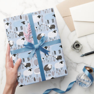 Papier Cadeau Mignonne Mouton Pastel Couleurs Bleues Minimales