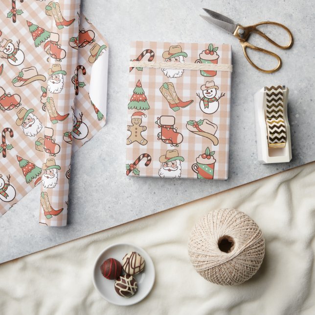 Papier Cadeau Mignonne Pays Western Cowboy En vichy Noël (Artisanat)