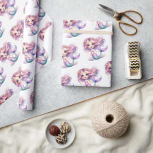 Papier Cadeau Mignonne petite sirène aquarelle violet turquoise