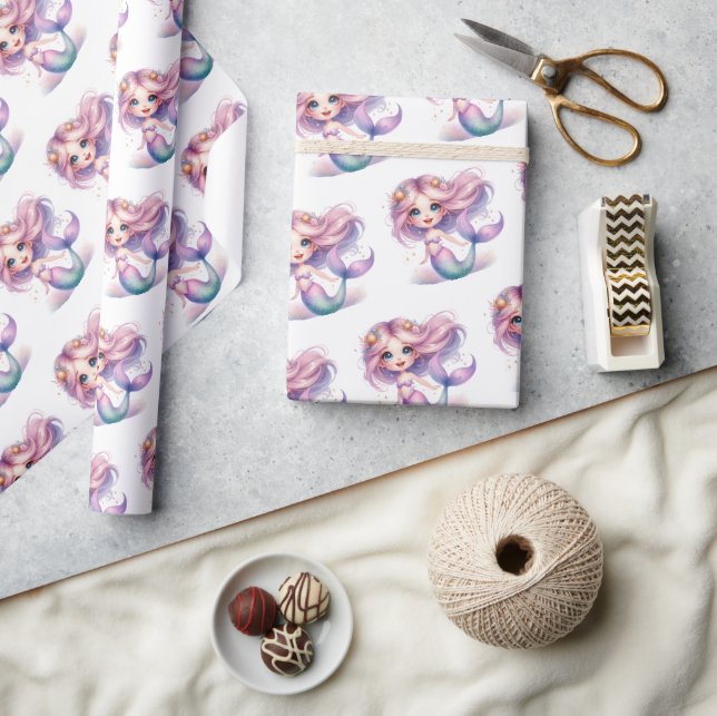 Papier Cadeau Mignonne petite sirène aquarelle violet turquoise (Artisanat)