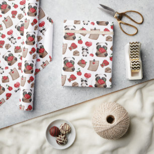 Papier Cadeau Mignonne Saint Valentin Panda Bear Love Motif