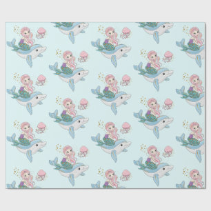 Papier Cadeau Mignonne sirène chevauchant un dauphin sous la mer