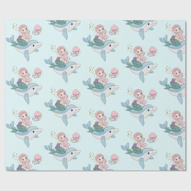 Papier Cadeau Mignonne sirène chevauchant un dauphin sous la mer (Plat)