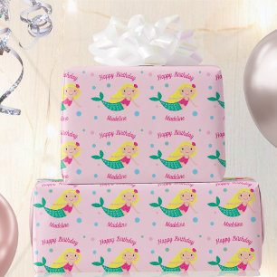 Papier Cadeau Mignonne Sirène rose Personnalisé Enveloppement An
