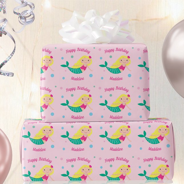 Papier Cadeau Mignonne Sirène rose Personnalisé Enveloppement An (Créateur téléchargé)