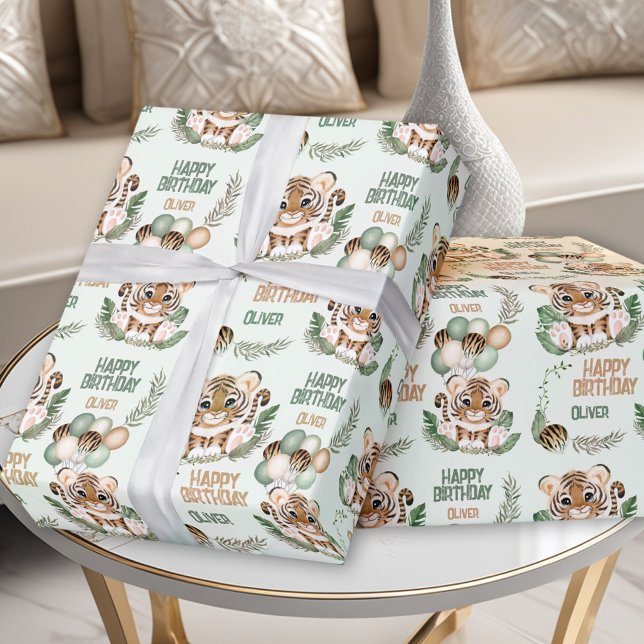 Papier Cadeau Mignonne Tiger Wild Un garçon 1er Anniversaire Ver (Cute Tiger Wild One Boy 1st Birthday Green Wrapping Paper)