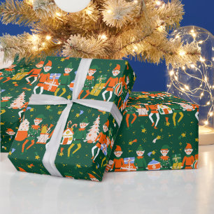 Papier Cadeau Mignonne Whimsical Green Noël Père Noël Elves Moti