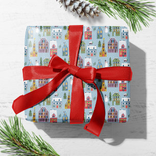 Papier Cadeau Mignonne Winter House Village Scène Motif de Noël