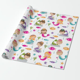 Papier Cadeau Mignonnes sirènes et poissons sous la mer