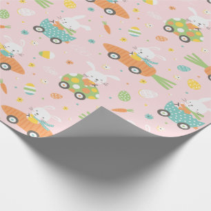 Papier Cadeau Mignons lapins de Pâques en carottes et voitures à