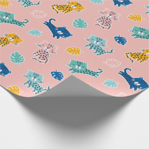 Papier Cadeau Mignons léopards avec feuilles de jungle sur rose