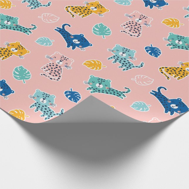 Papier Cadeau Mignons léopards avec feuilles de jungle sur rose (Coin)
