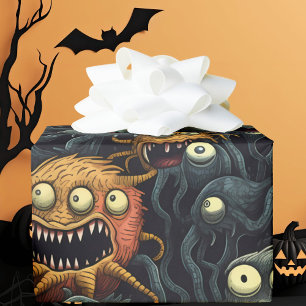 Papier Cadeau Mignons monstres d'Halloween, Orange, Gris foncé