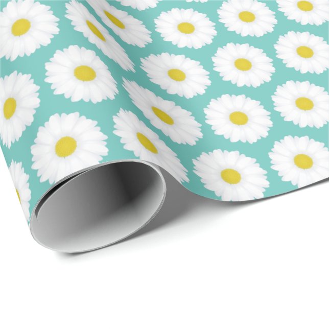 Papier Cadeau Mignons Motif de marguerites d'été sur bleu (Coin rond)