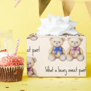 Papier Cadeau Mignons ours en peluche, jumeaux bébé fille et gar