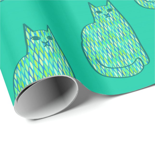 Papier Cadeau Milieu du siècle moderne Chat, Mint et Lime Vert (Coin rond)