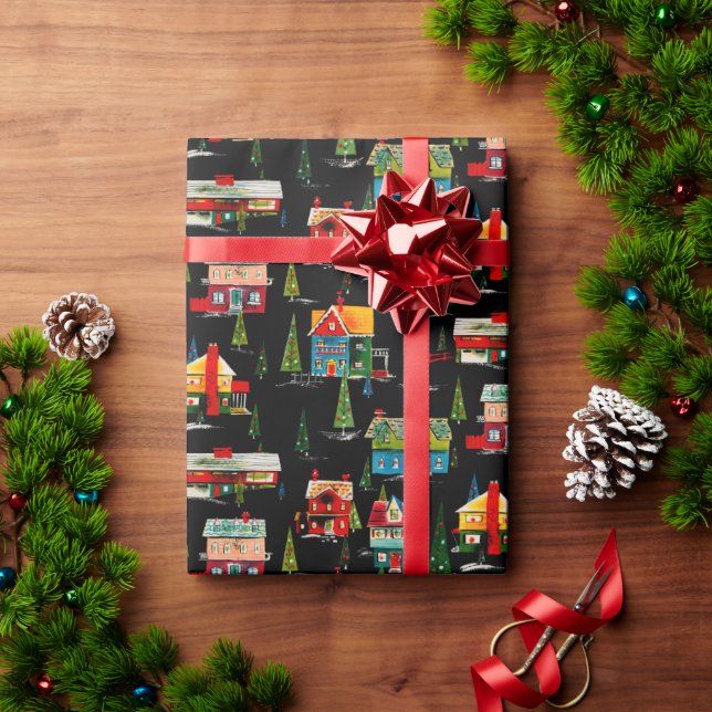 Papier Cadeau Milieu du siècle moderne Maisons de Noël enveloppe (Cadeau de vacances)