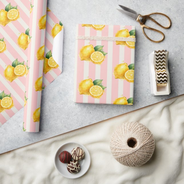 Papier Cadeau Minimal Italian Peachy Stripe Lemons Favor Gift (Artisanat)