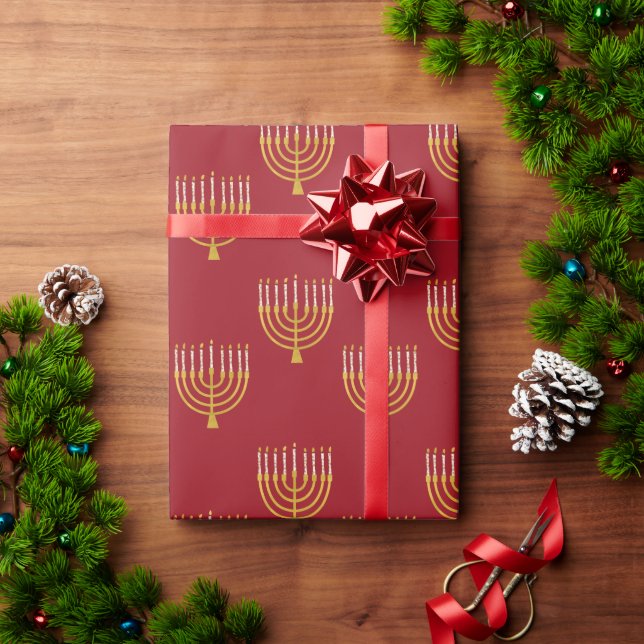 Papier Cadeau Minorah Hanoukka Bougies Dessin Festif Rouge rubis (Cadeau de vacances)