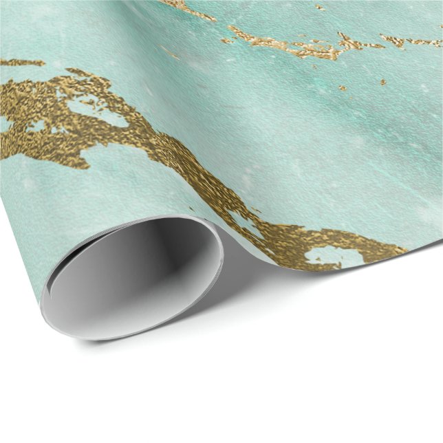 Papier Cadeau Mint Green Aqua Gold Marble brillant (Coin rond)