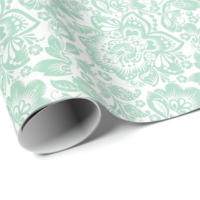 Papier Cadeau Mint Vert Baroque Floral Damas Sur Blanc (Coin rond)