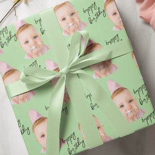 Papier Cadeau Mint Vert bébé visage anniversaire   Photo personn