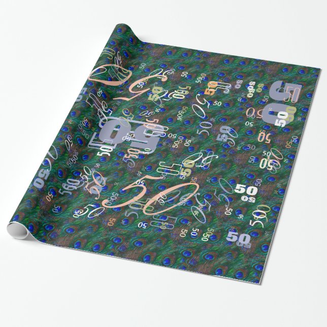 Papier Cadeau Minuit Peacock Plumes Etching Style Décor (Déroulé)